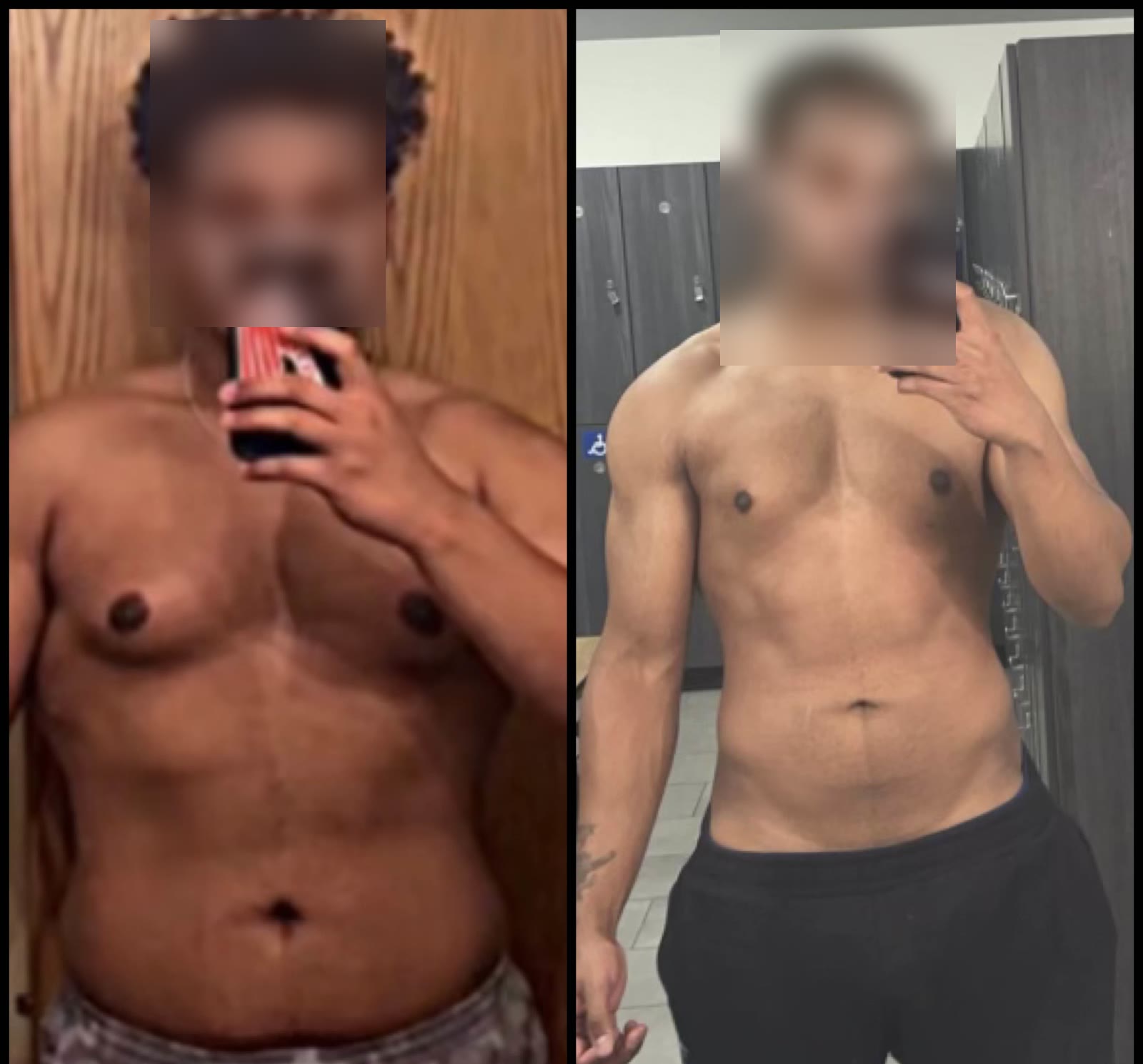 Client before and after: 85 pound weight loss from 265 to 180, face blurred for privacy
